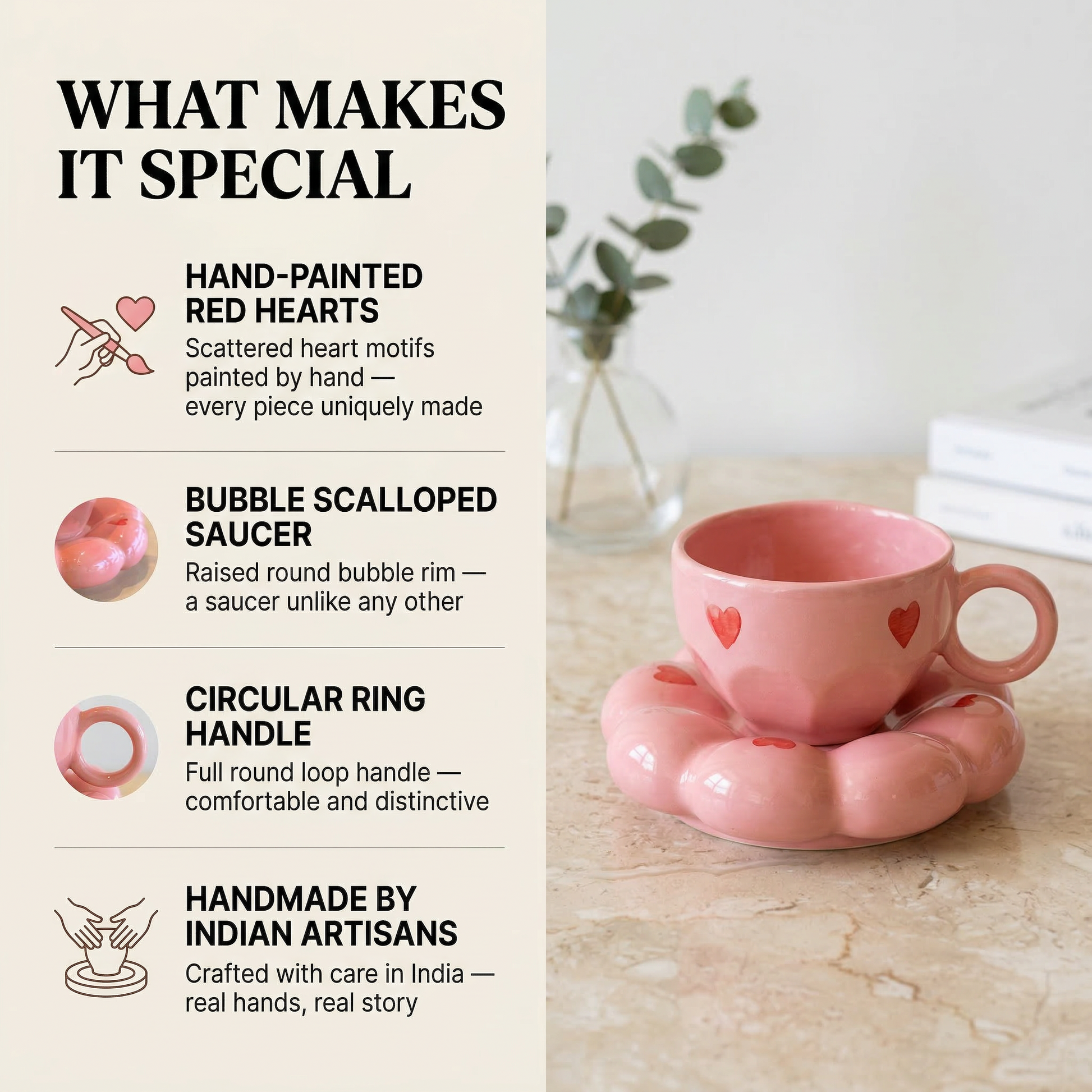 Bubble Heart Brew Cup with Saucer — handmade ceramic cup, view 6 | Mapland