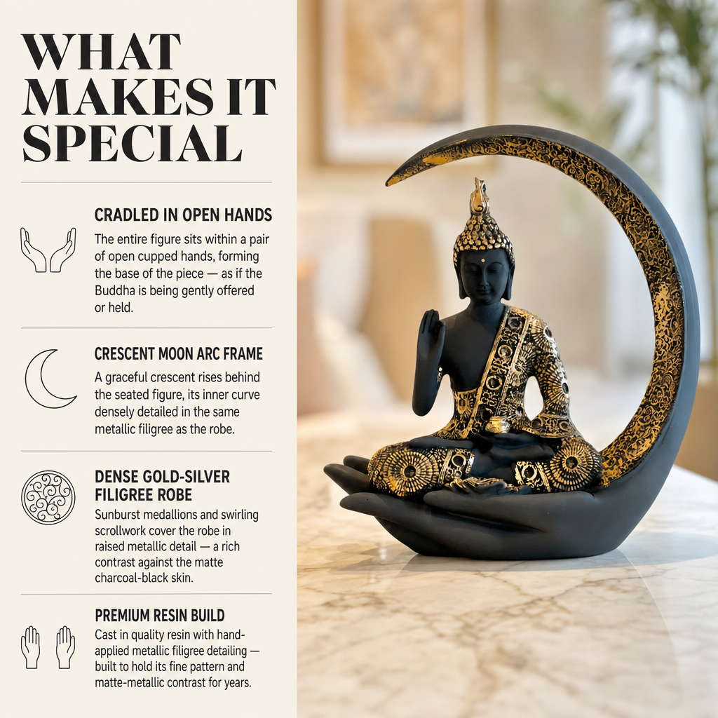 Buddha in Crescent Moon Ceramic Figurine