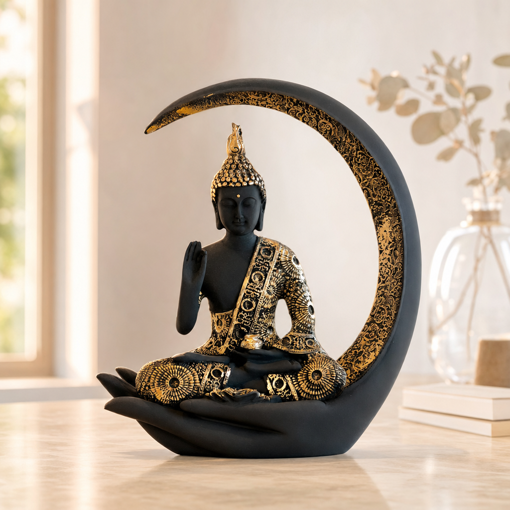 Buddha in Crescent Moon Ceramic Figurine