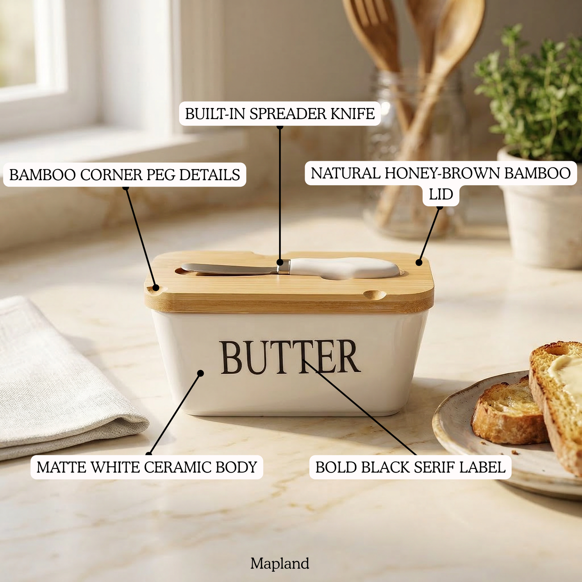 Ceramic Butter Box with Spreader Knife — top view — handmade artisan home decor | Mapland