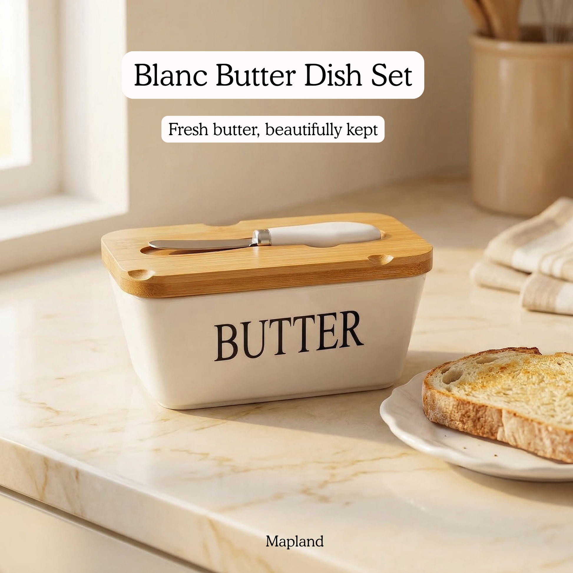 Ceramic Butter Box with Spreader Knife — side view — handmade artisan home decor | Mapland