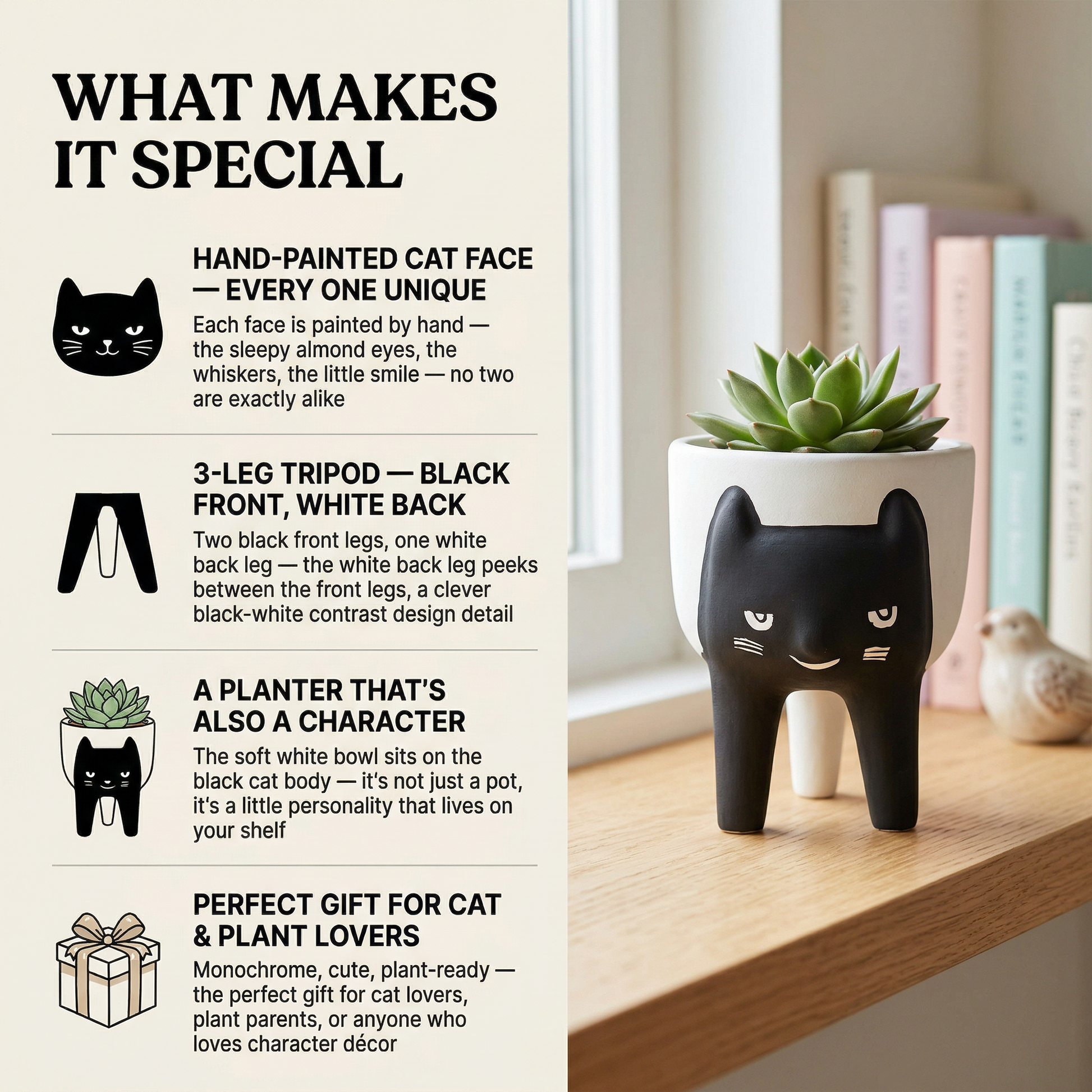 Cat Face Planter glazed ceramic close-up, small batch artisan pottery India | Mapland