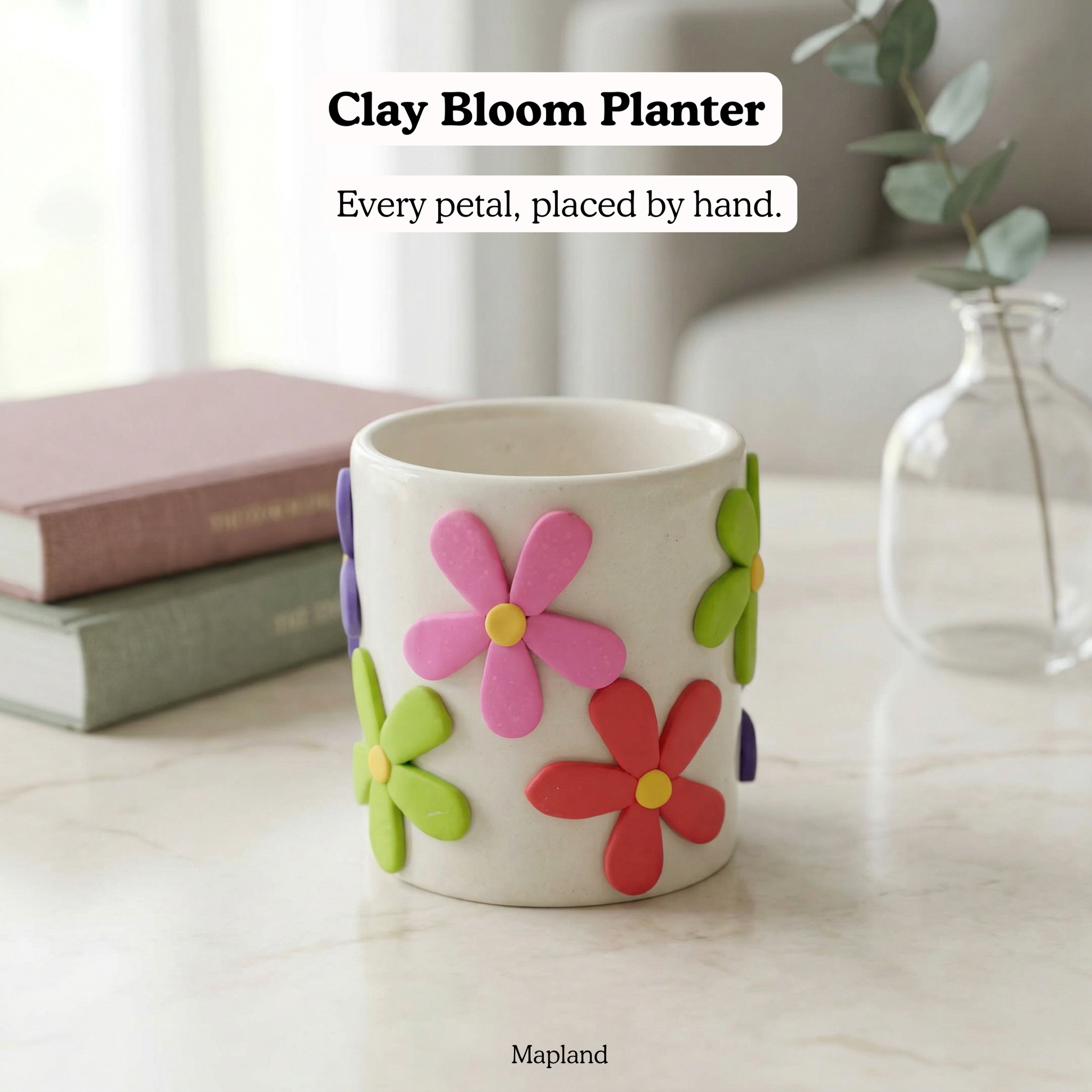 Clay Bloom Planter handmade ceramic planter — side view, Indian artisan craft | Mapland