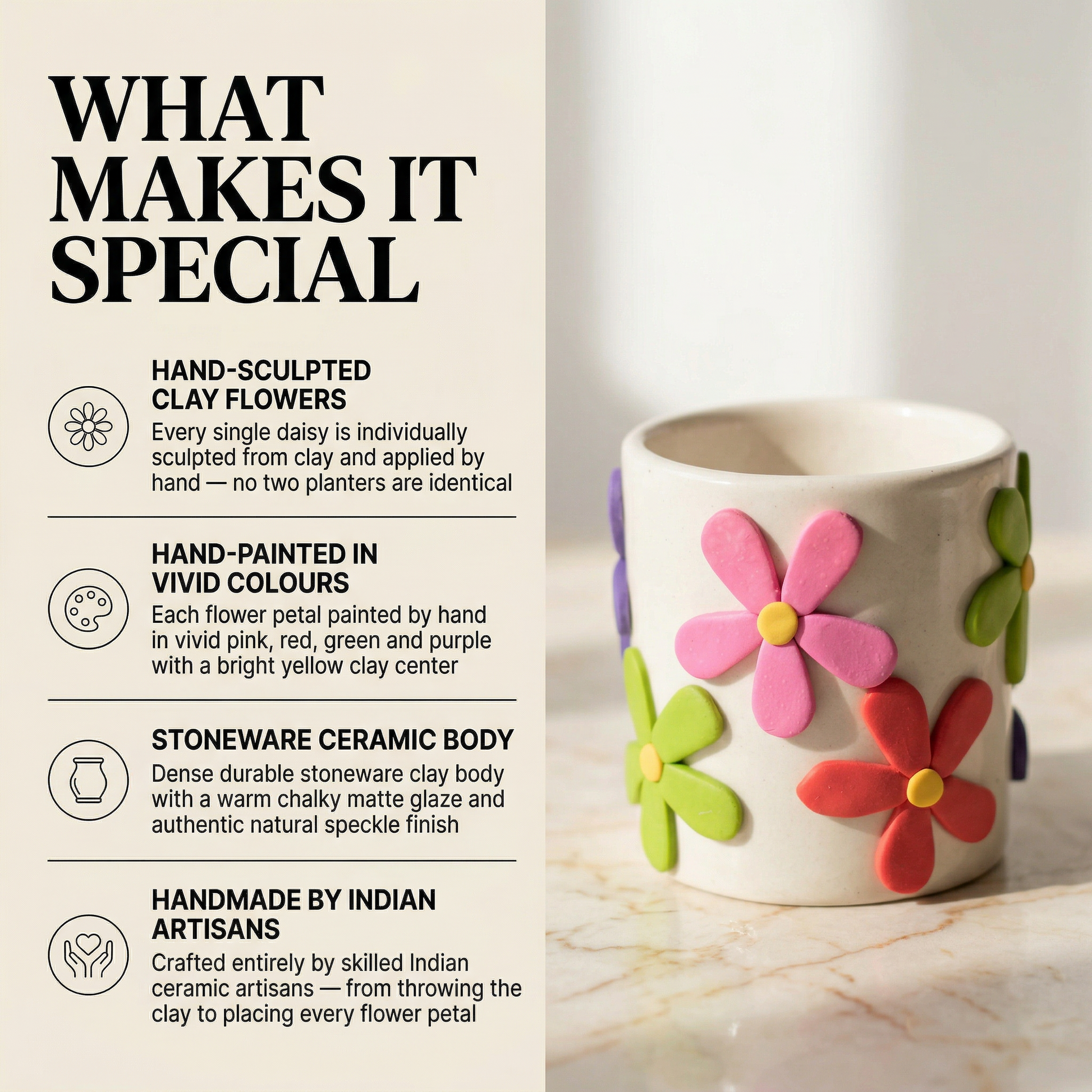 Clay Bloom Planter handmade ceramic planter — lifestyle view, Indian artisan craft | Mapland