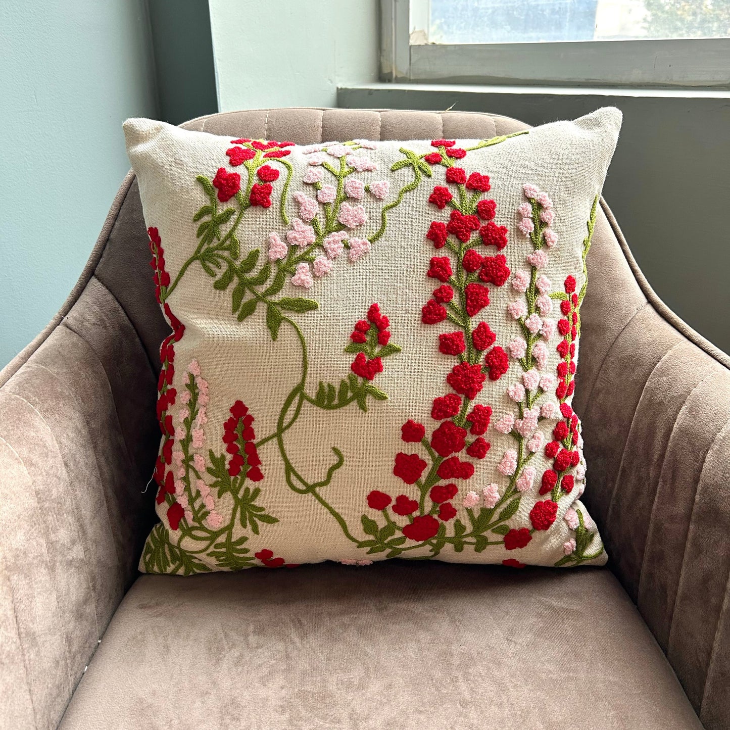 Crimson Bloom Embroidered Cushion