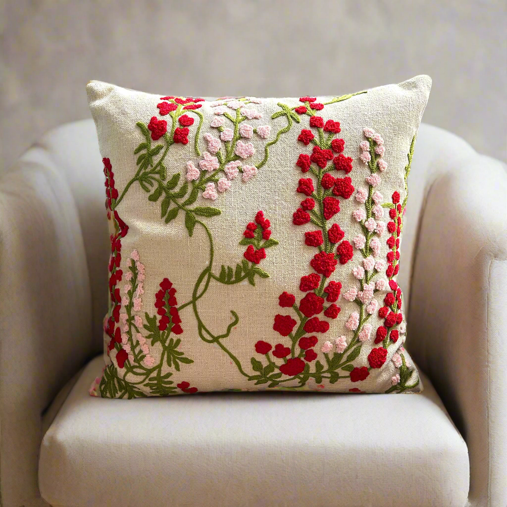 Crimson Bloom Embroidered Cushion