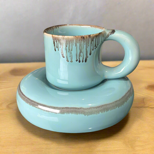 Aqua Elegance Drip-Glazed Cup & Saucer