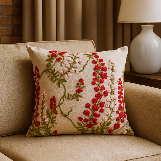Crimson Bloom Embroidered Cushion