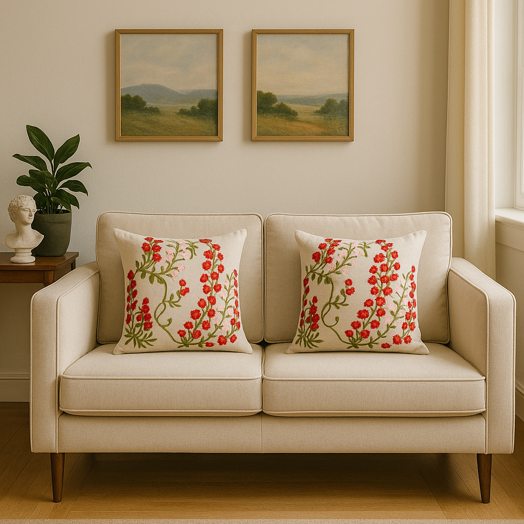 Crimson Bloom Embroidered Cushion