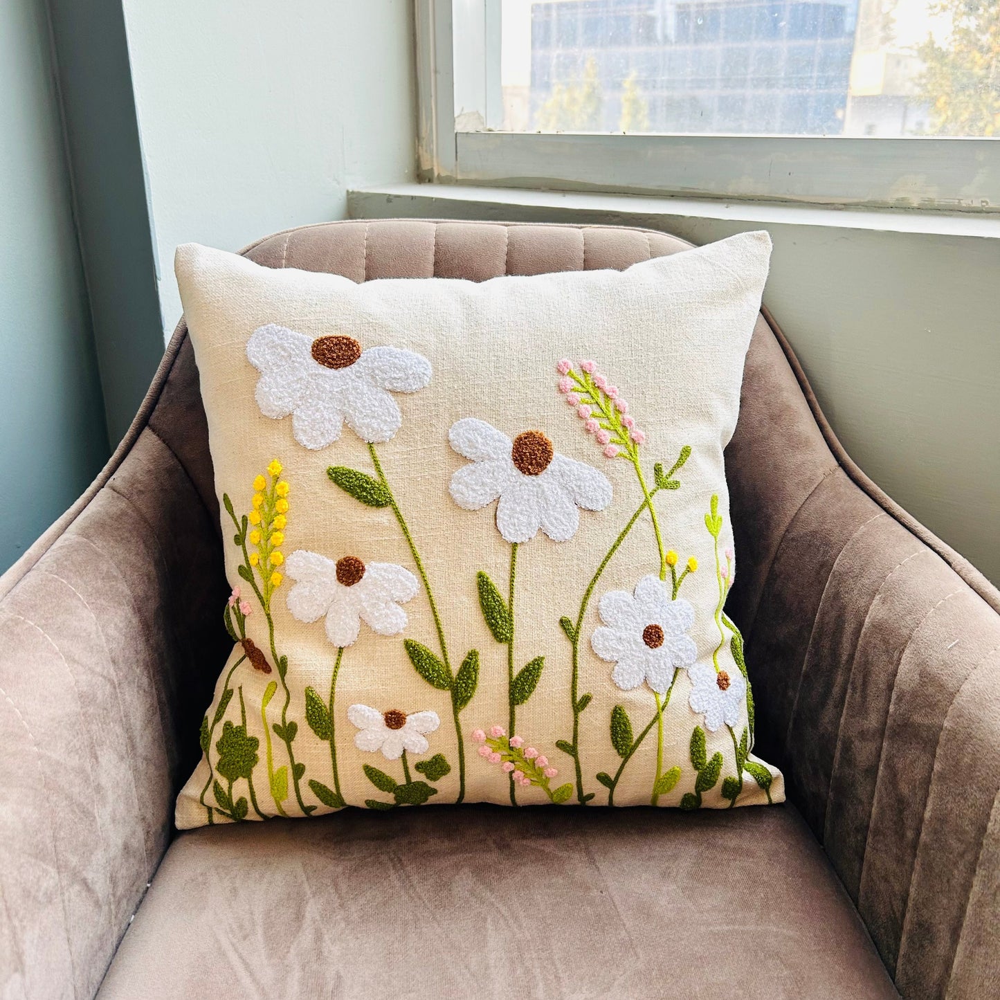 Daisy Meadow Embroidered Cushion