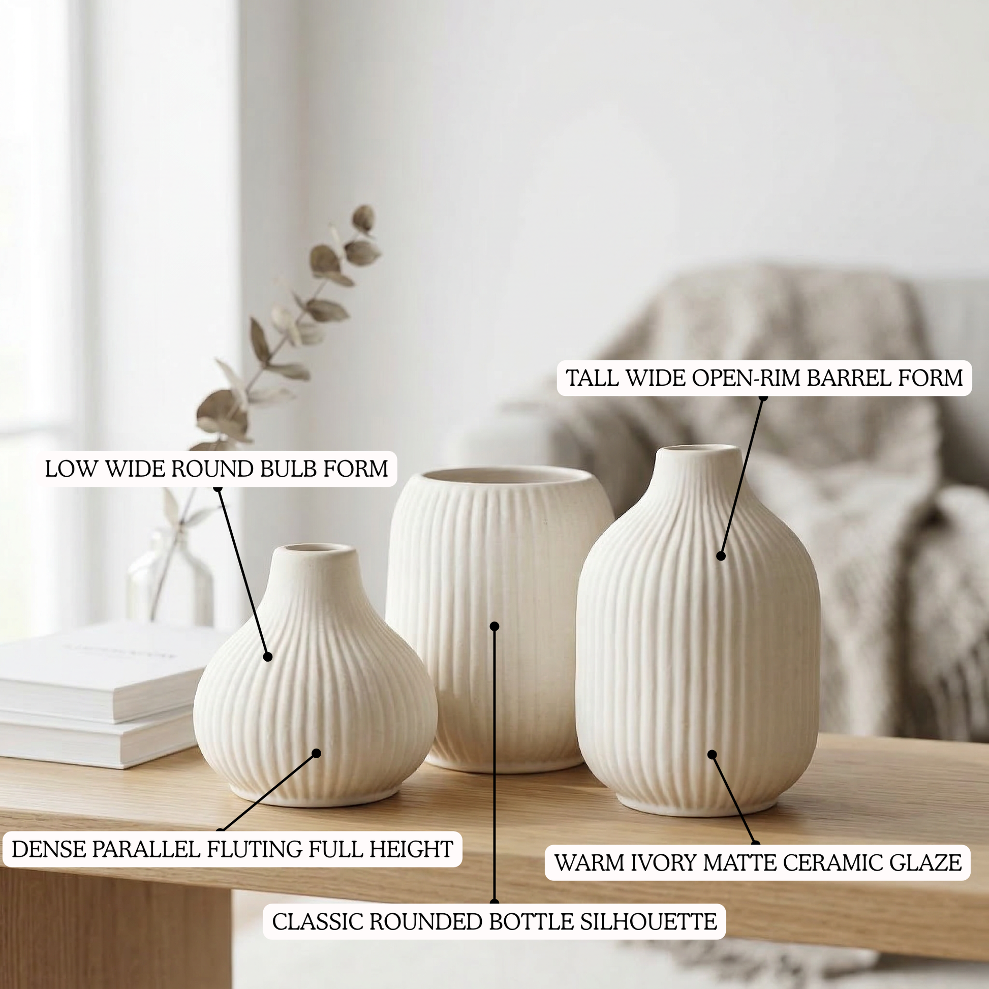 Dela Mola Ribbed Vase Set handmade ceramic vase — top view, Indian artisan craft | Mapland