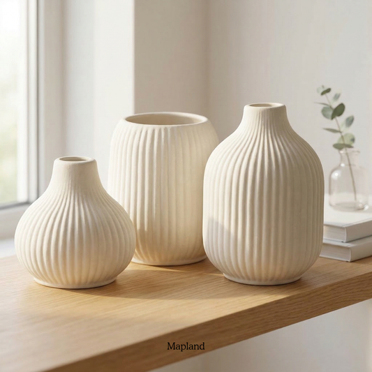 Ribbed ceramic vase set in neutral tones — handmade ceramic vase | Mapland Design Studio