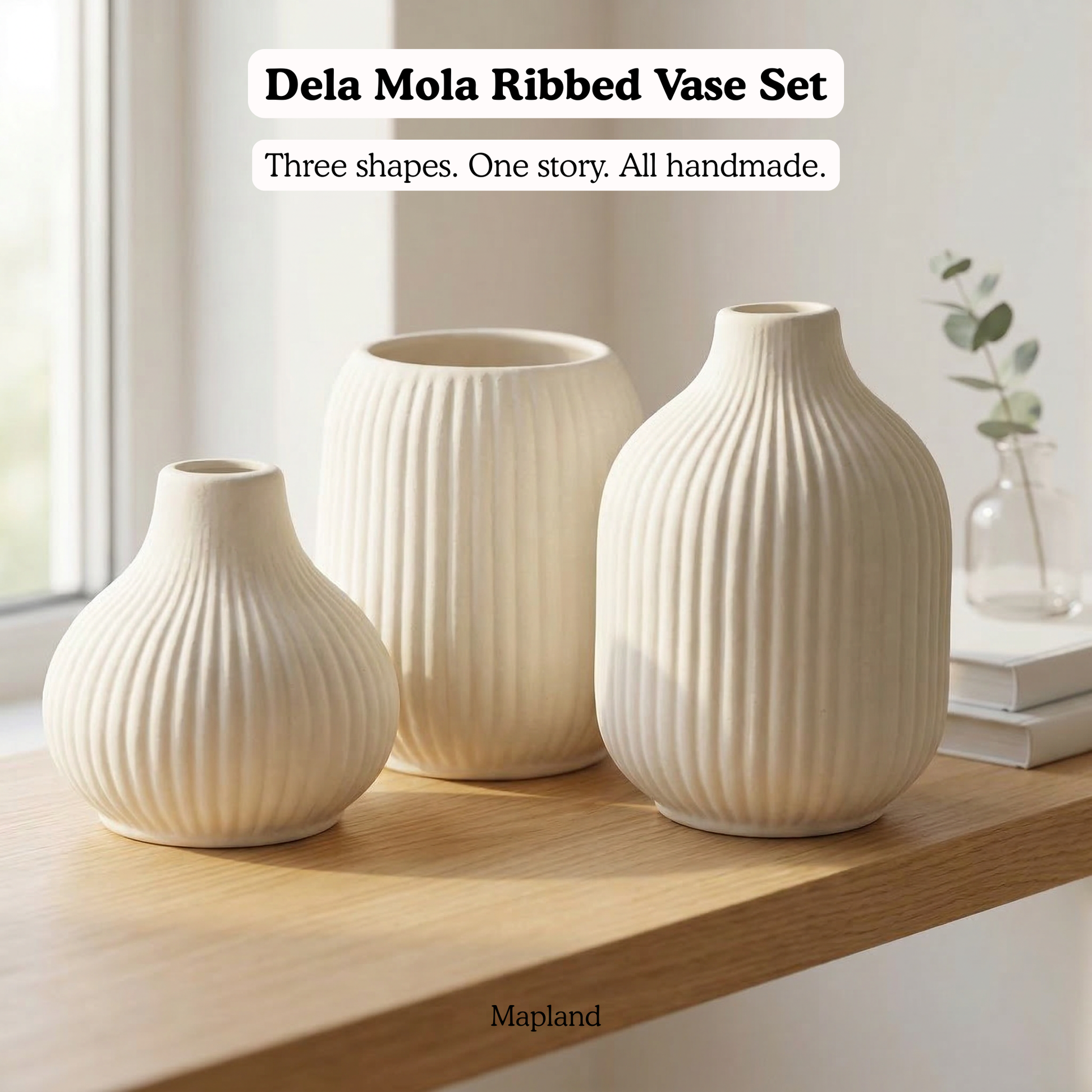 Dela Mola Ribbed Vase Set handmade ceramic vase — side view, Indian artisan craft | Mapland