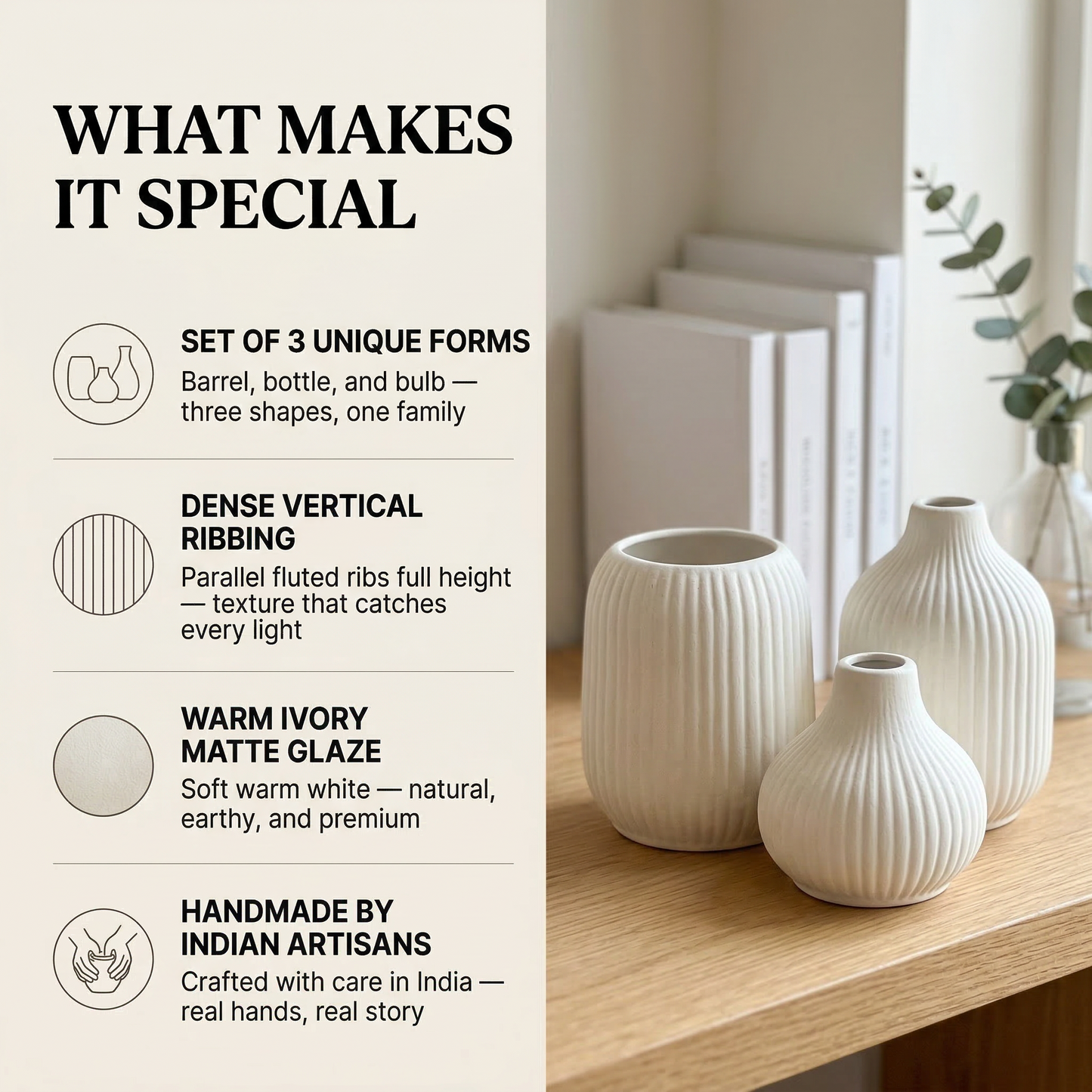 Dela Mola Ribbed Vase Set handmade ceramic vase — lifestyle view, Indian artisan craft | Mapland