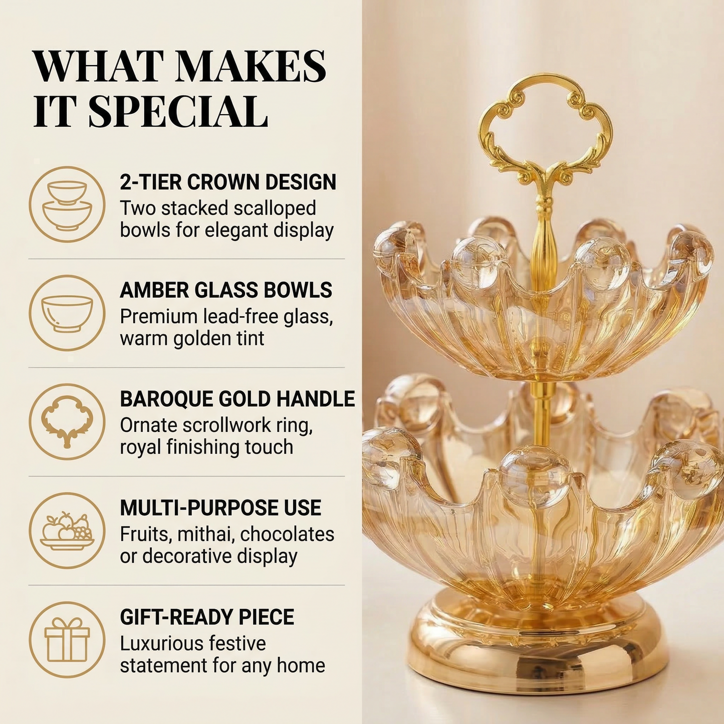Regalia 2-Tier Crystal Fruit & Dessert Stand — top view — handmade artisan home decor | Mapland