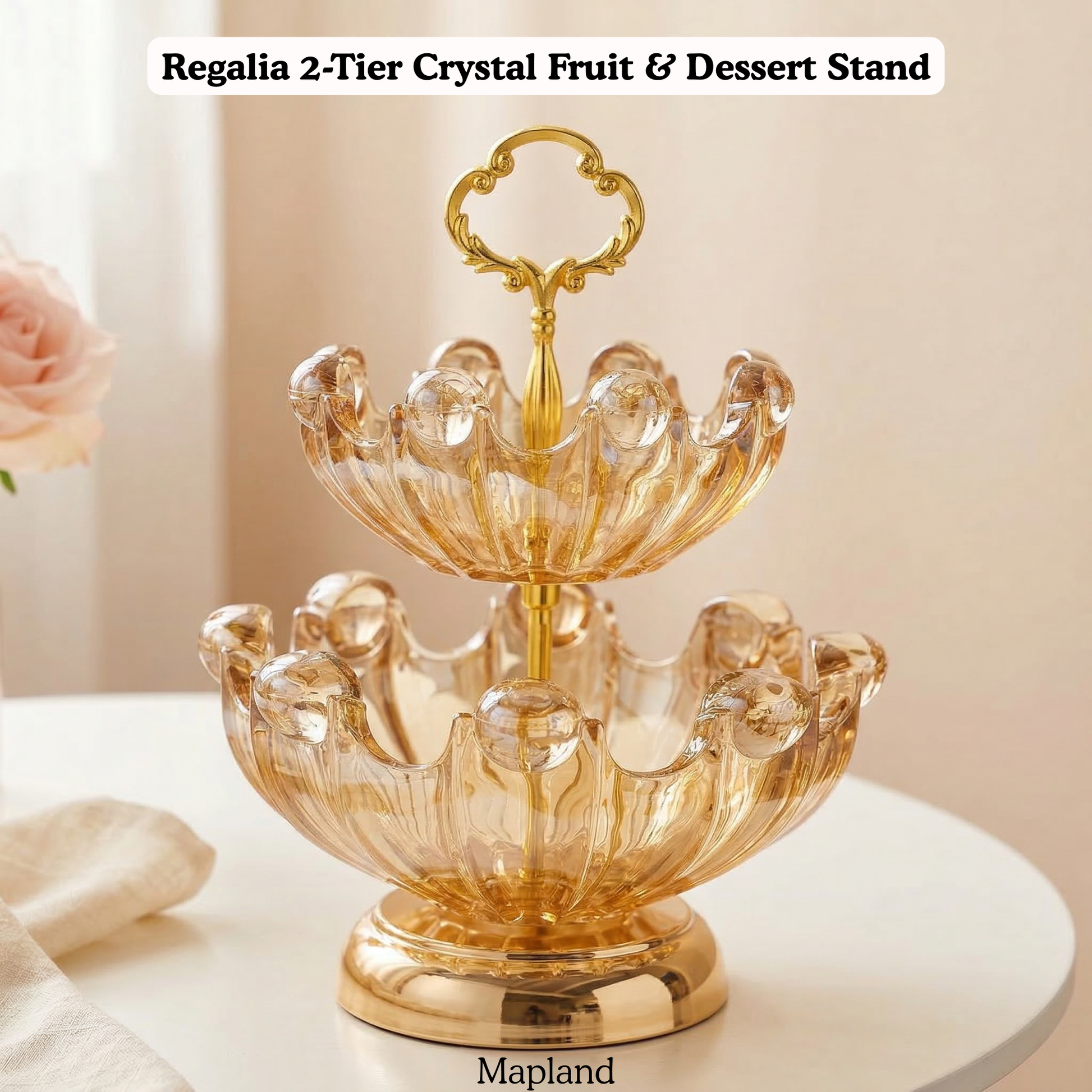 Regalia 2-Tier Crystal Fruit & Dessert Stand — side view — handmade artisan home decor | Mapland