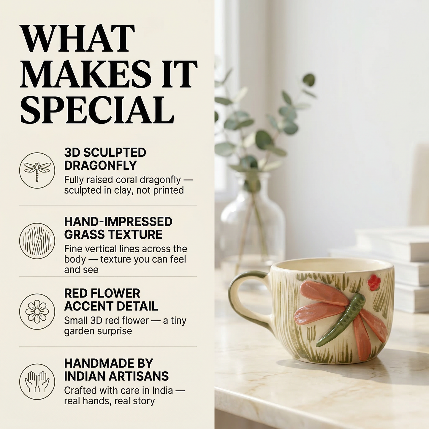 Dragonfly Meadow Mug — handmade ceramic cup, view 6 | Mapland