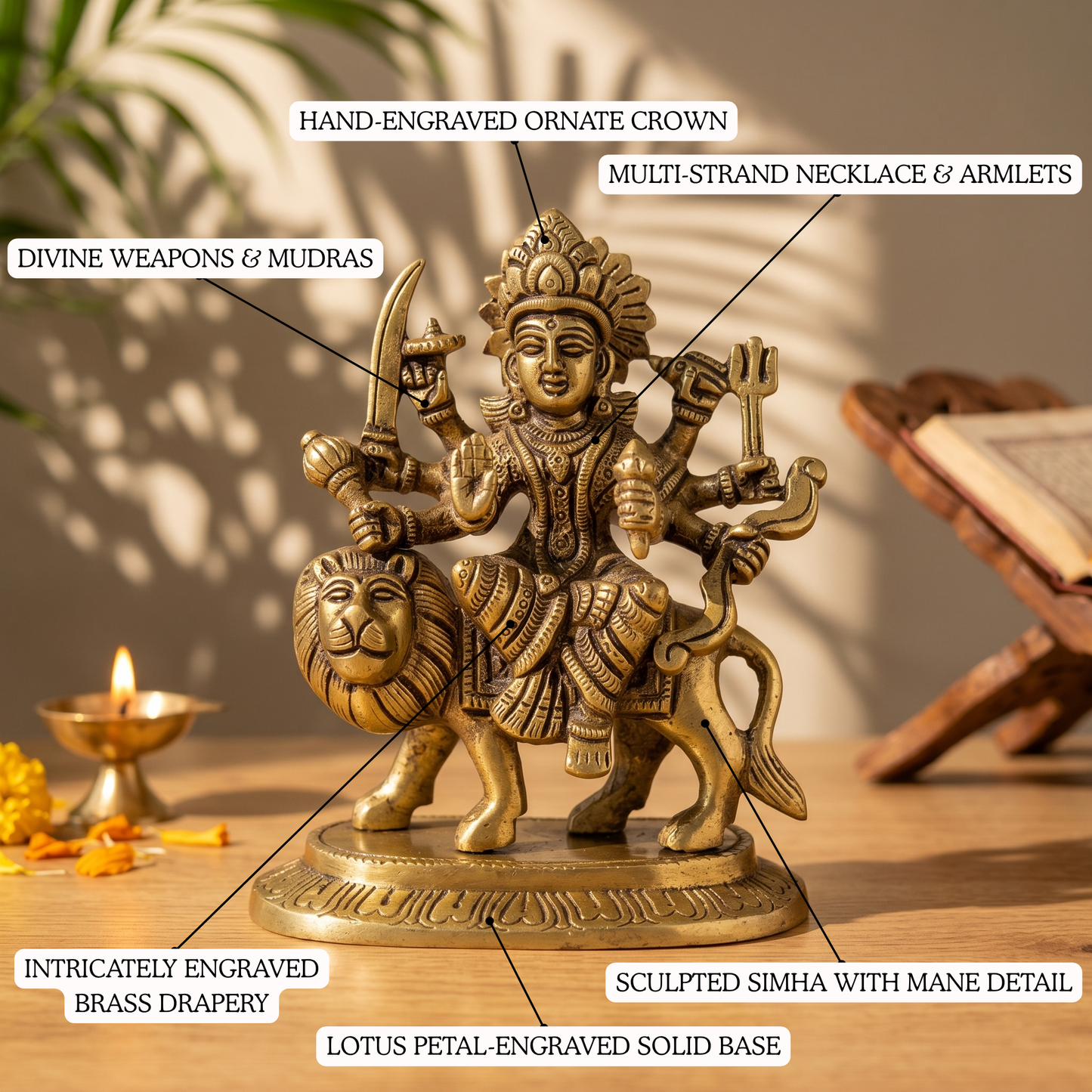 Durga Mata brass figurine crown and arms detailing | Mapland