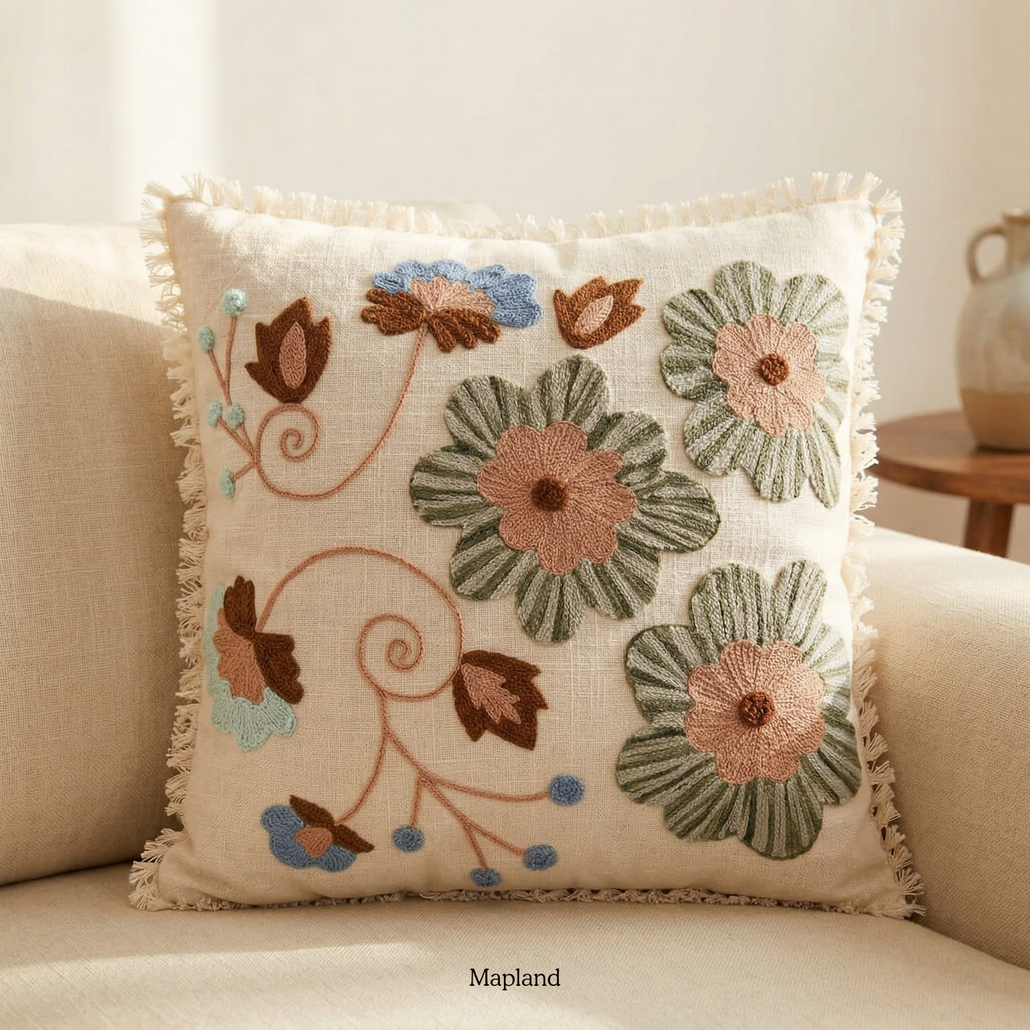 Earth bloom floral cushion cover in terracotta and green — handmade cushion cover | Mapland Design Studio