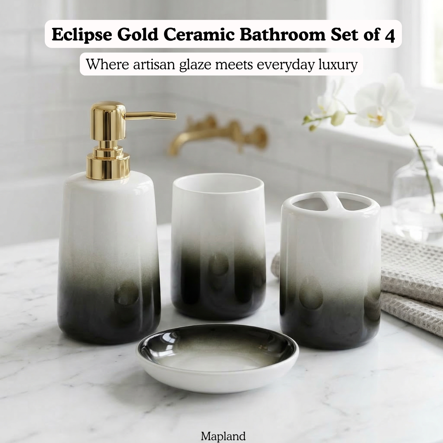 Eclipse Gold Ceramic Bathroom Set of 4 — side view — handmade artisan home decor | Mapland