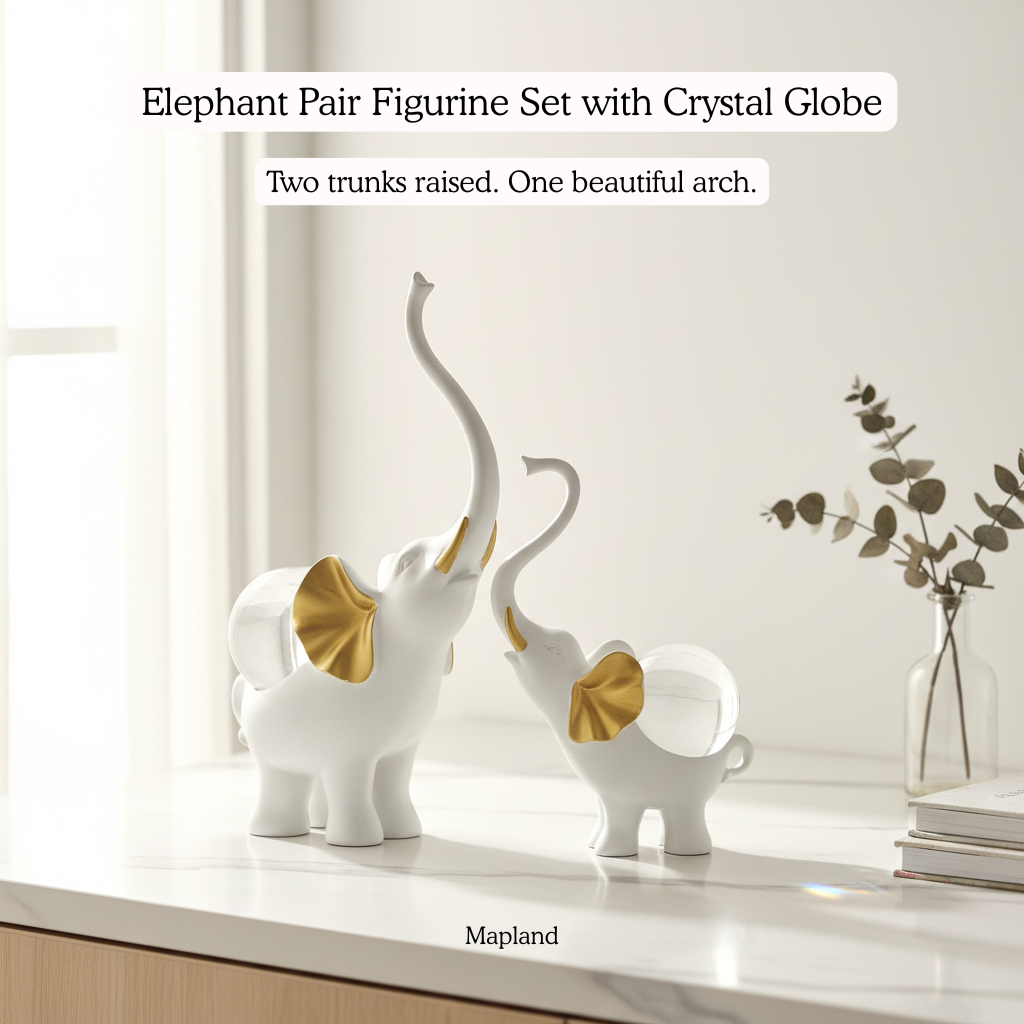 Elephant Pair Figurine Set with Crystal Globe — White & Gold