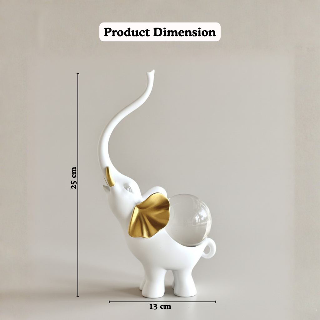 Elephant Pair Figurine Set with Crystal Globe — White & Gold