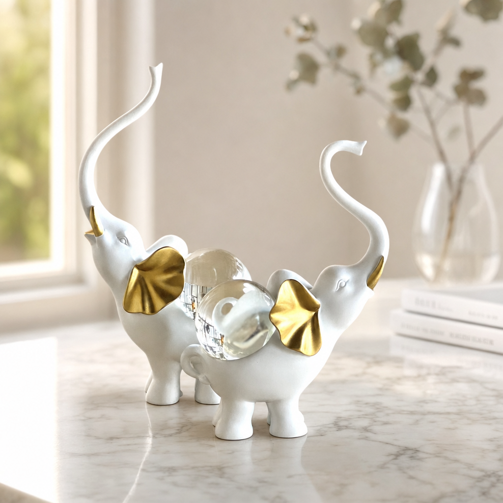 Elephant Pair Figurine Set with Crystal Globe — White & Gold