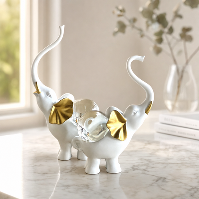 Elephant Pair Figurine Set with Crystal Globe — White & Gold