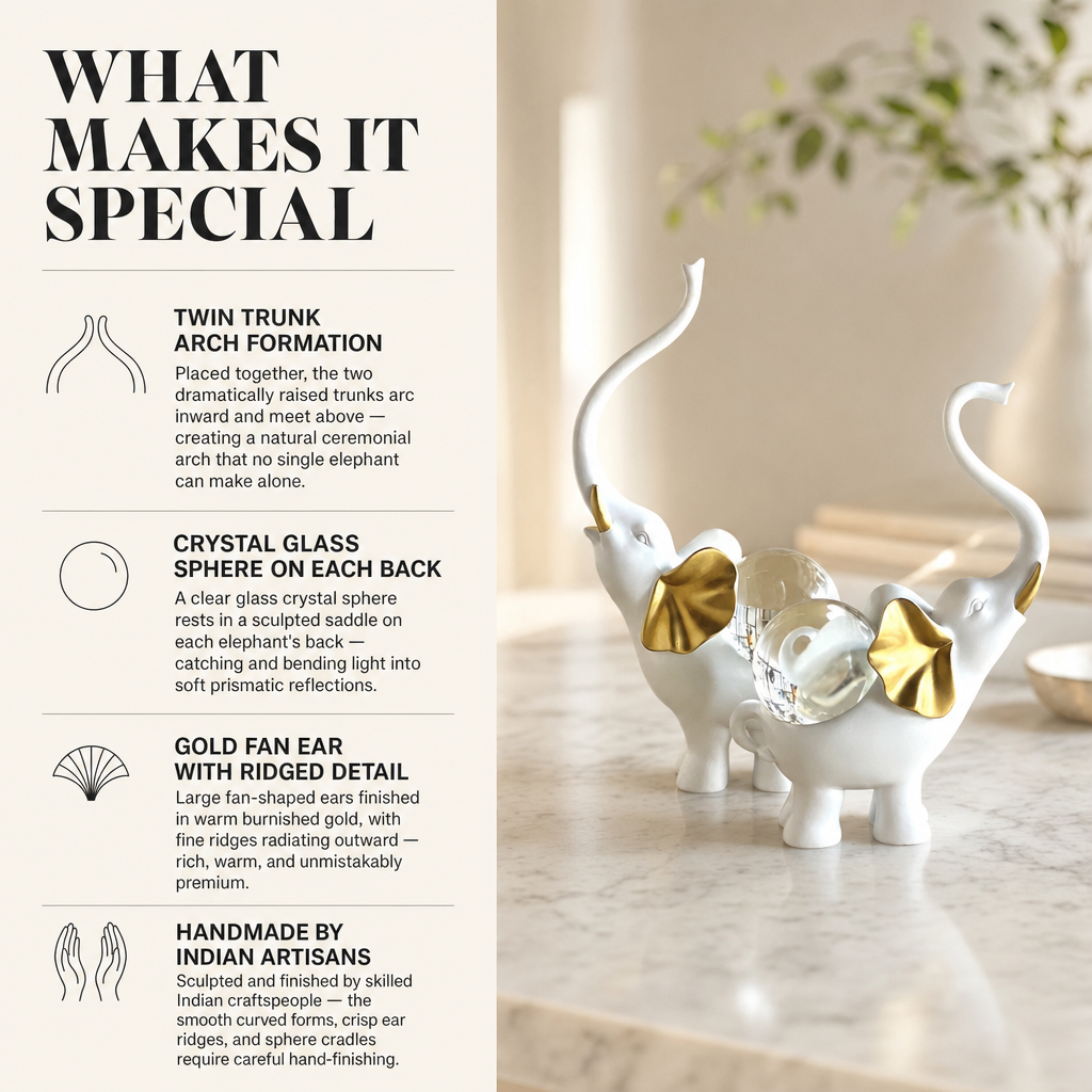 Elephant Pair Figurine Set with Crystal Globe — White & Gold