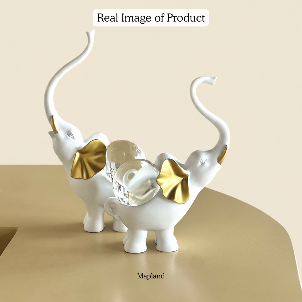 Elephant Pair Figurine Set with Crystal Globe — White & Gold