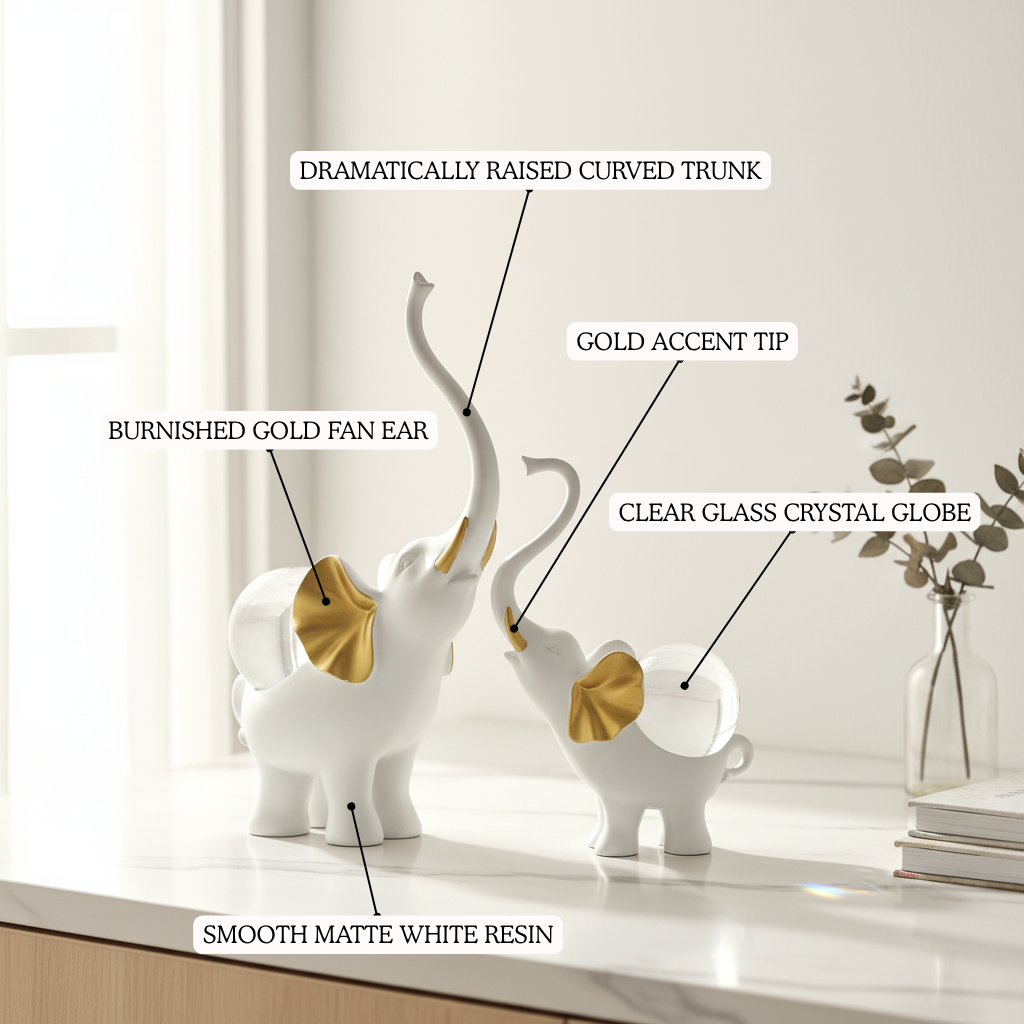 Elephant Pair Figurine Set with Crystal Globe — White & Gold