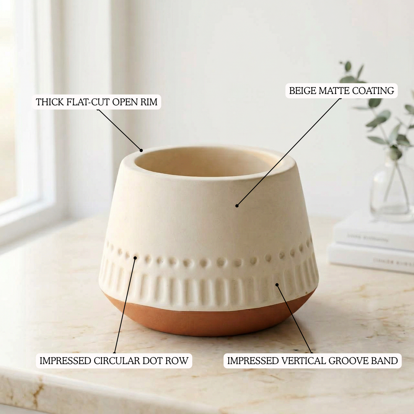 Two-Tone Embossed Terracotta Planter handmade ceramic planter — top view, Indian artisan craft | Mapland