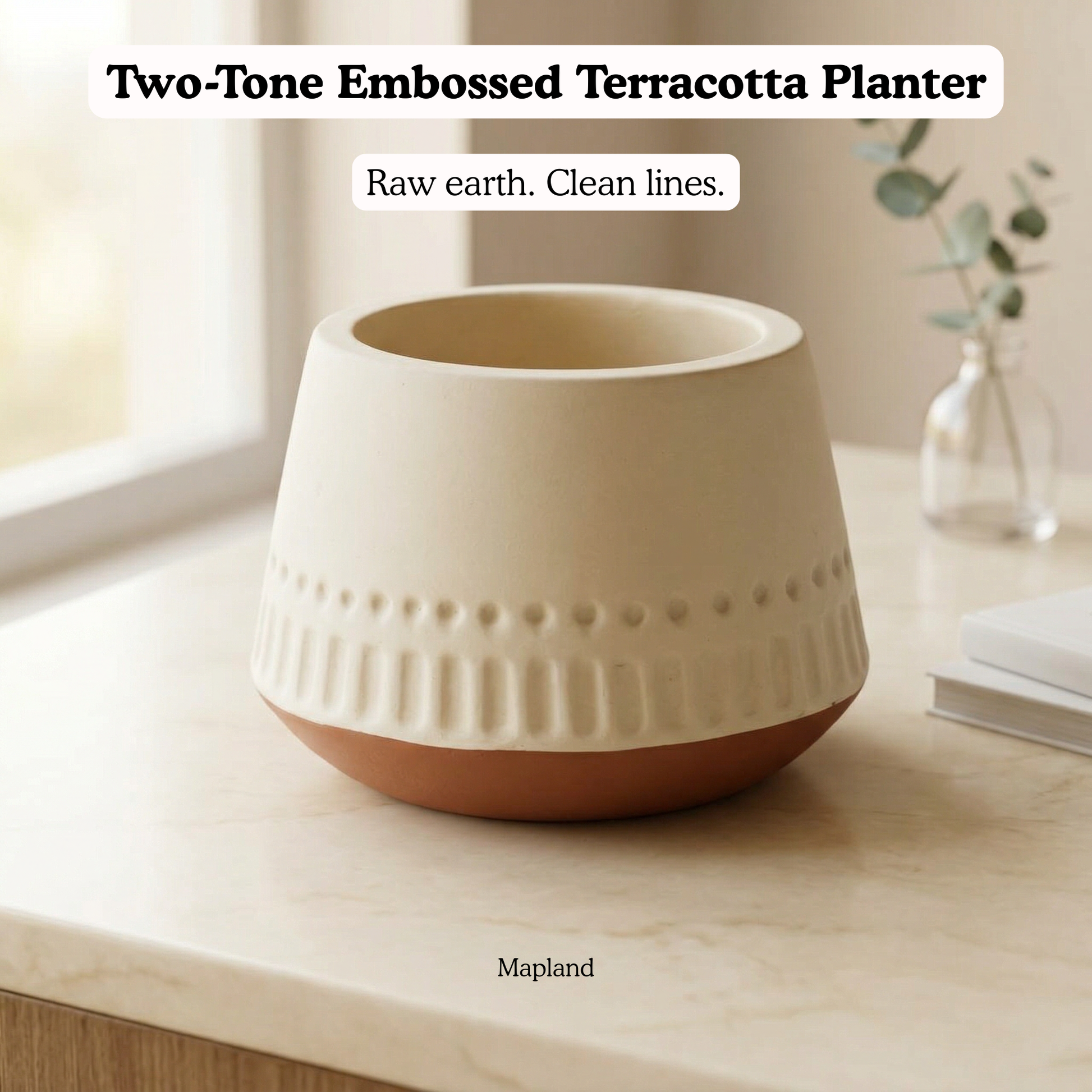 Two-Tone Embossed Terracotta Planter handmade ceramic planter — side view, Indian artisan craft | Mapland