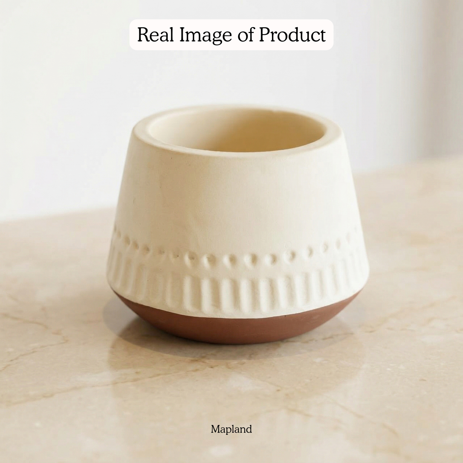 Two-Tone Embossed Terracotta Planter handmade ceramic planter — angle view, Indian artisan craft | Mapland