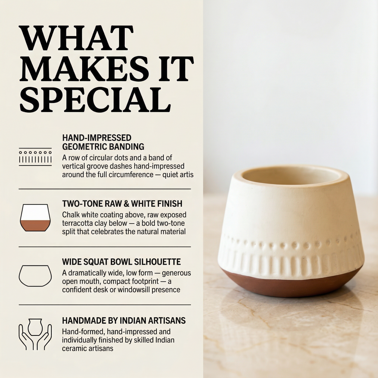 Two-Tone Embossed Terracotta Planter handmade ceramic planter — lifestyle view, Indian artisan craft | Mapland