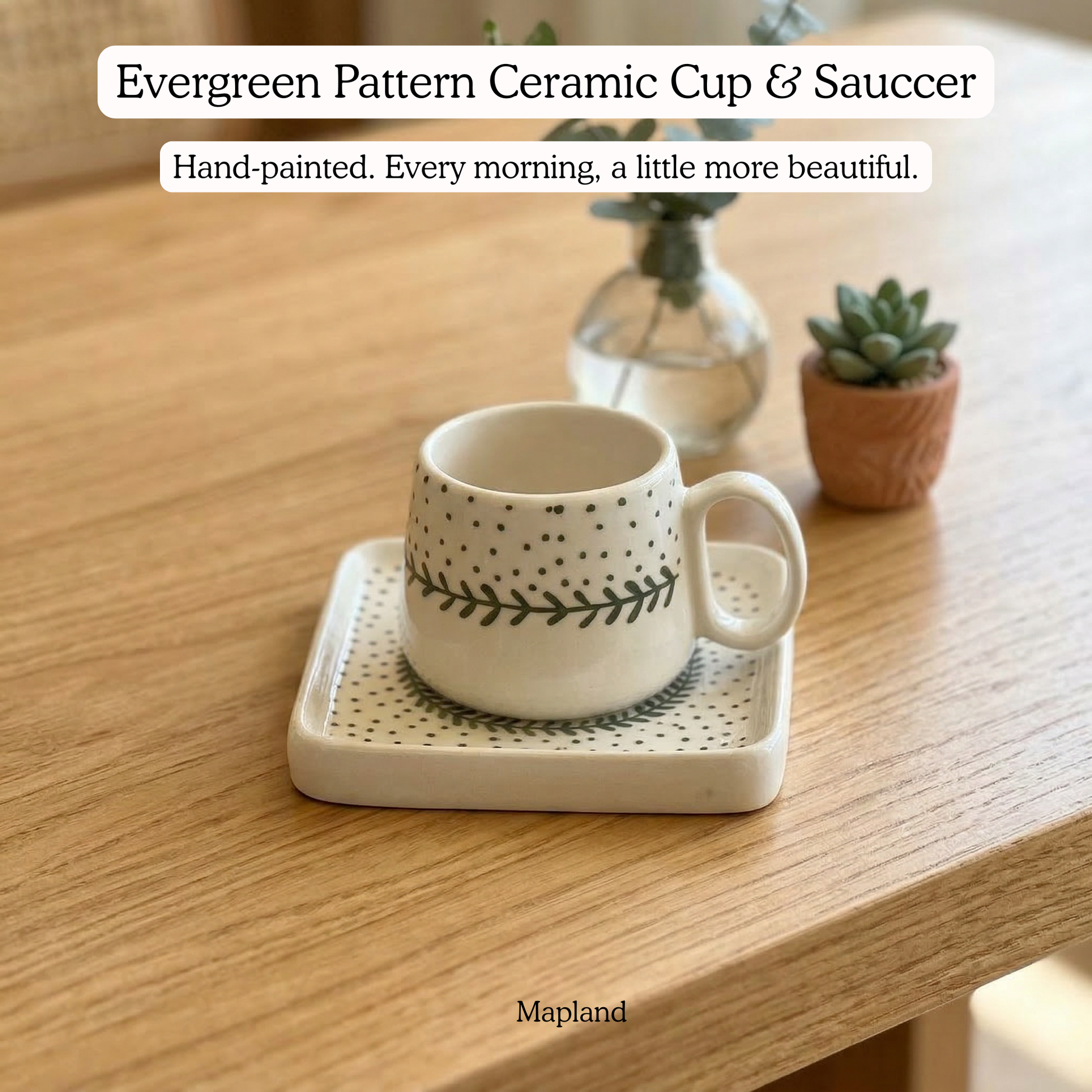 Evergreen Pattern Ceramic Cup & Saucer - Mapland