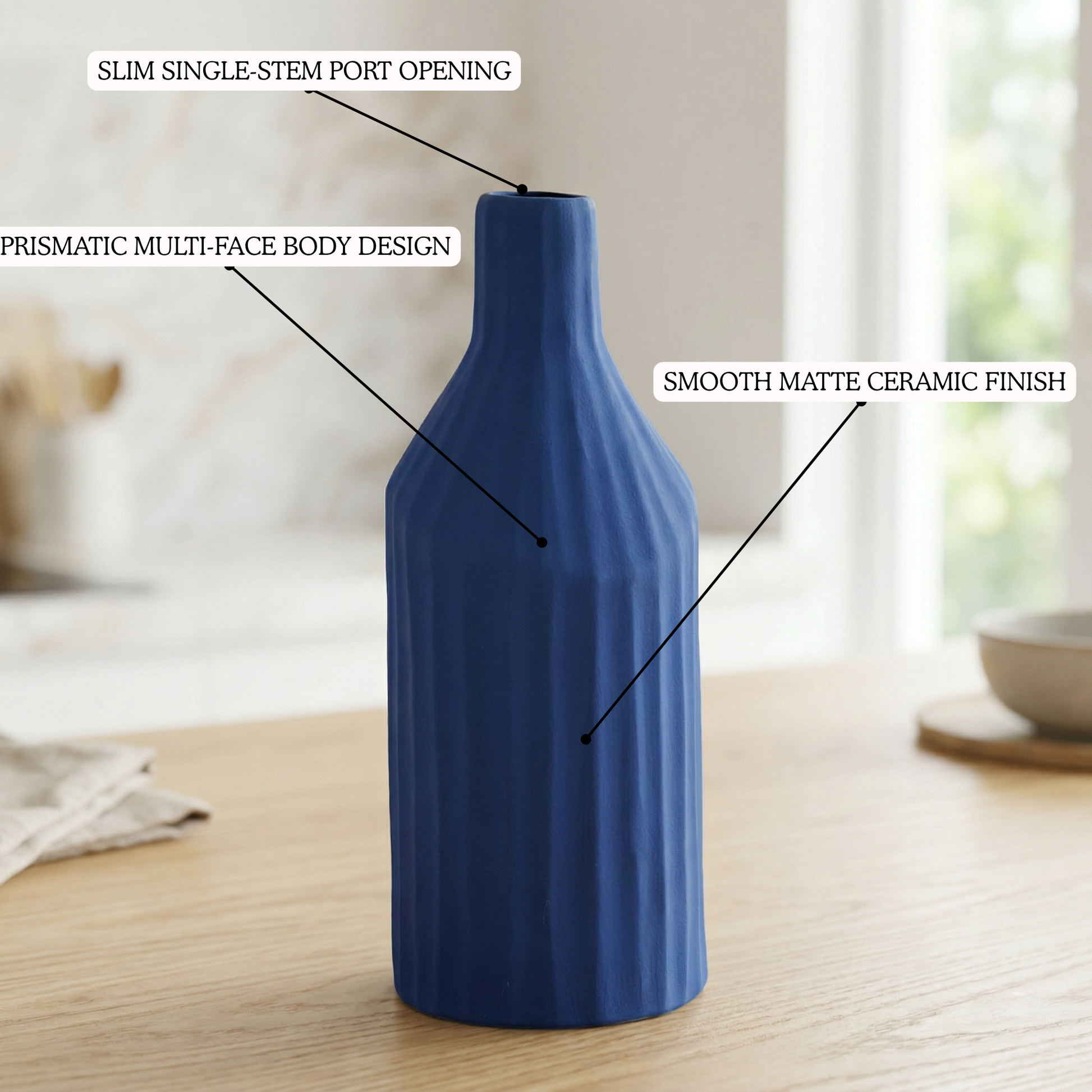 Faceted Bottle Vase Cobalt Blue handmade ceramic vase — top view, Indian artisan craft | Mapland