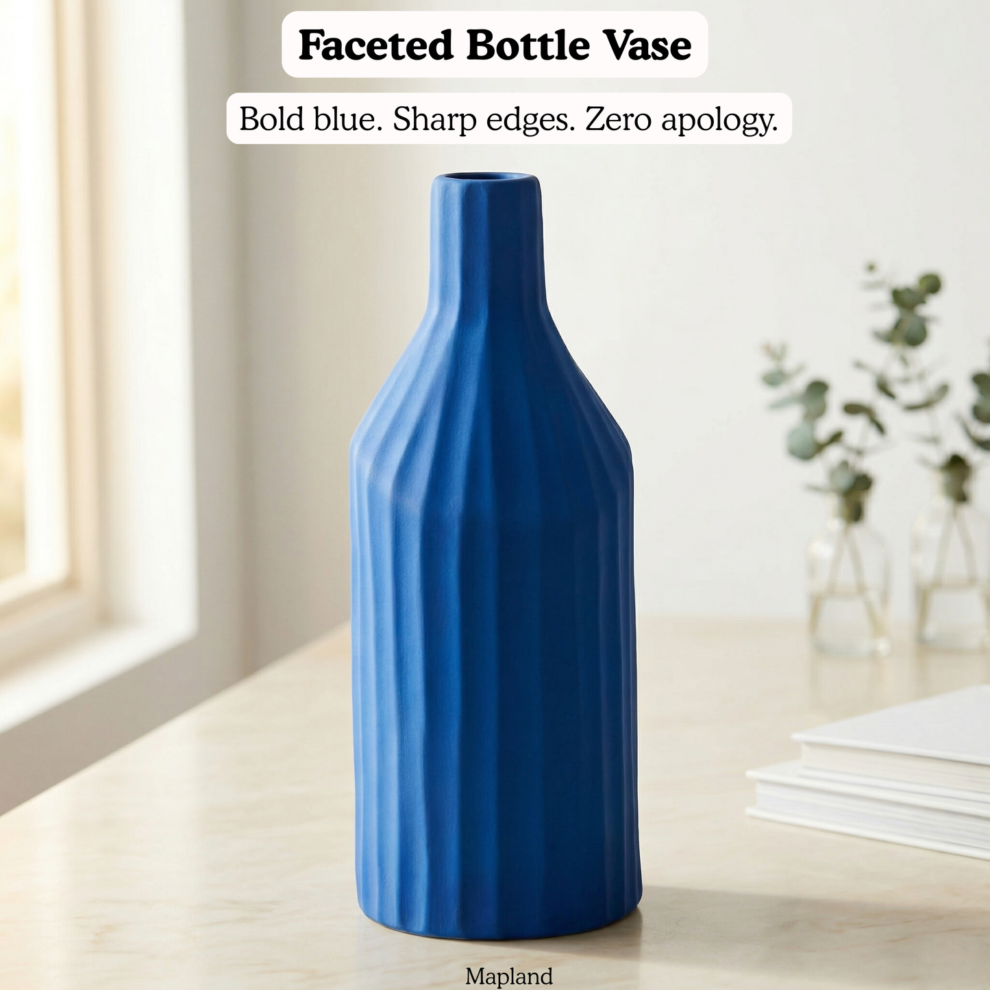 Faceted Bottle Vase Cobalt Blue handmade ceramic vase — side view, Indian artisan craft | Mapland