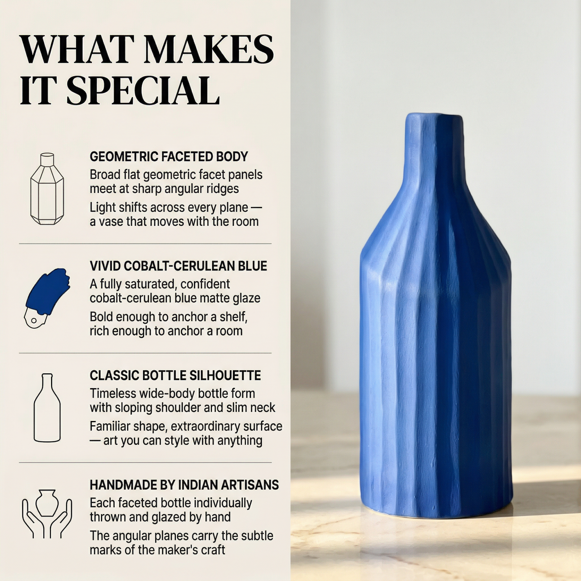Faceted Bottle Vase Cobalt Blue handmade ceramic vase — lifestyle view, Indian artisan craft | Mapland