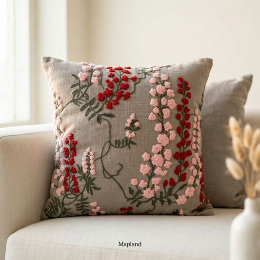 Flower embroidered cushion cover with intricate needlework — handmade cushion cover | Mapland Design Studio