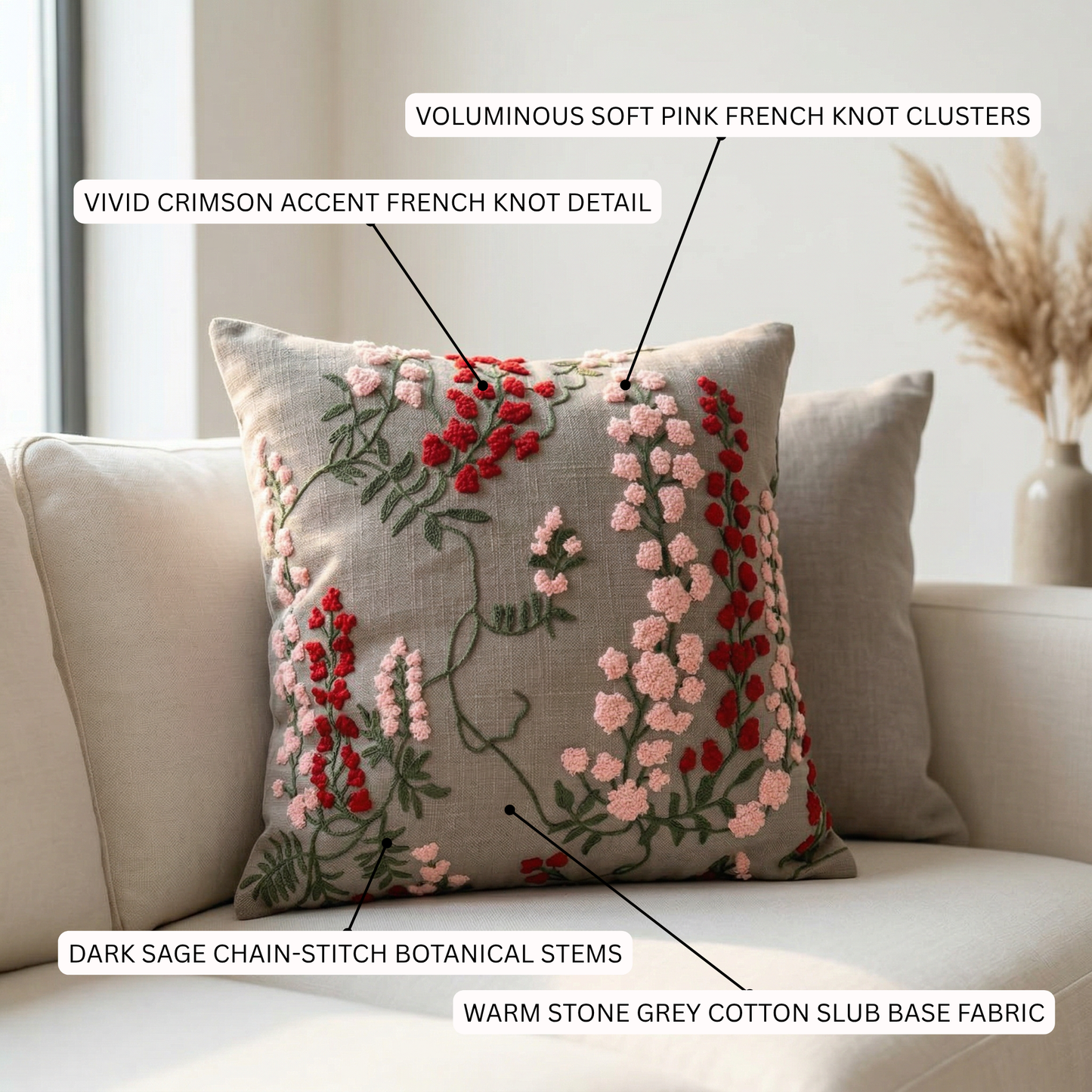 Flower Embroidered Cushion Cover 16*16 Inches