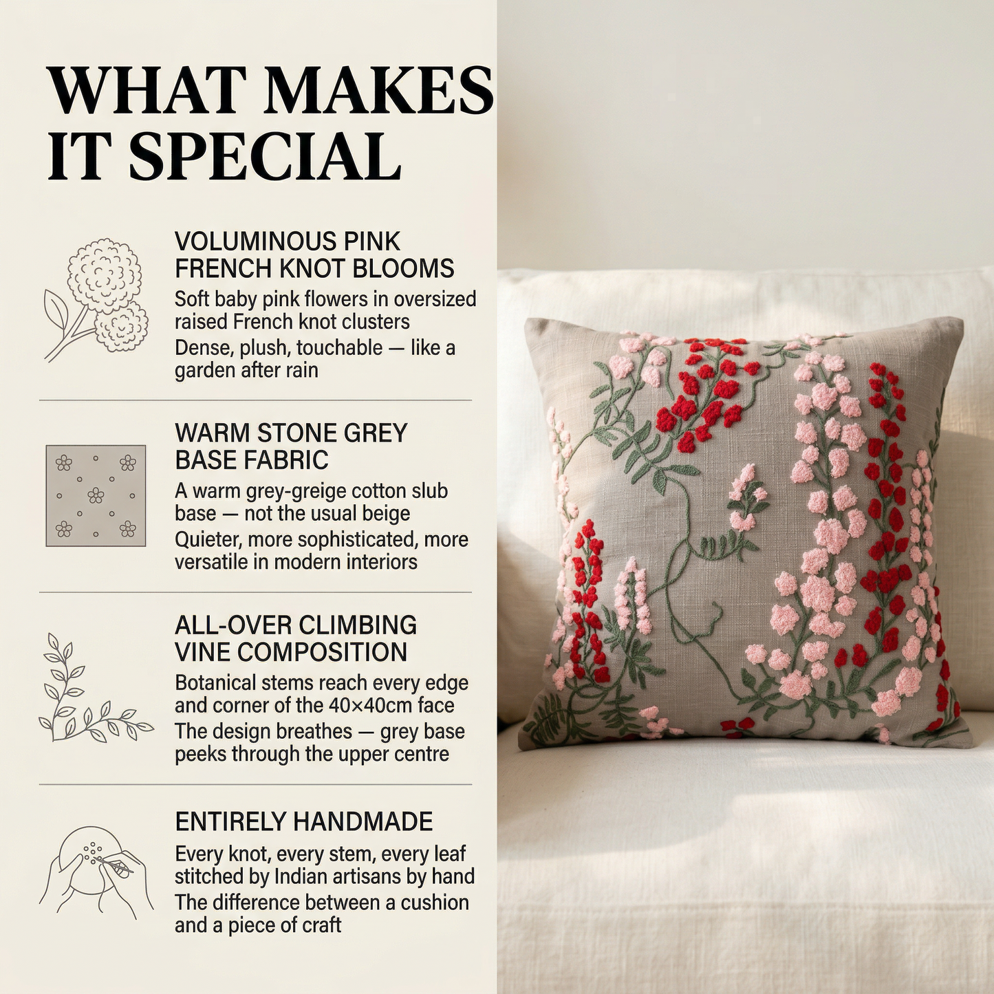 Flower Embroidered Cushion Cover 16*16 Inches