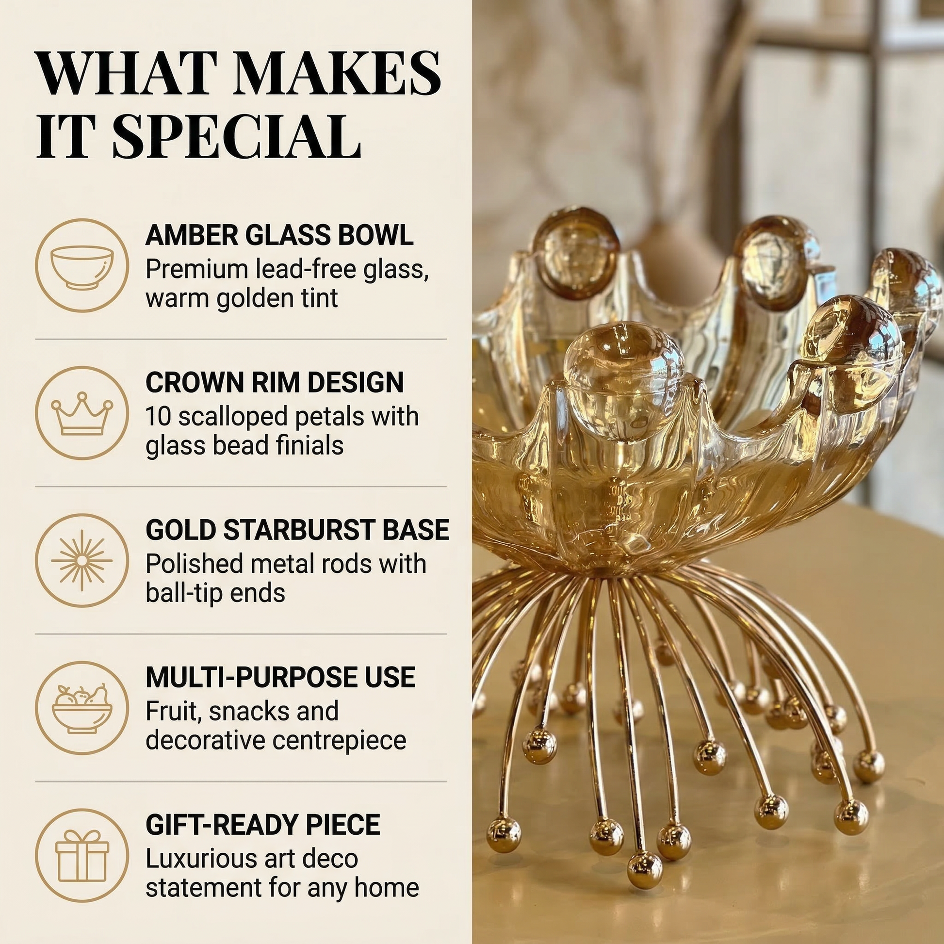 Gold Sunburst Fruit Bowl Features - Crown Rim Amber Glass Art Deco Centrepiece | Mapland