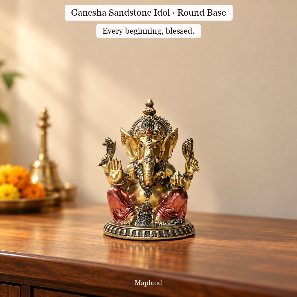 Ganesha sandstone idol Round Base design on a wooden console | Mapland