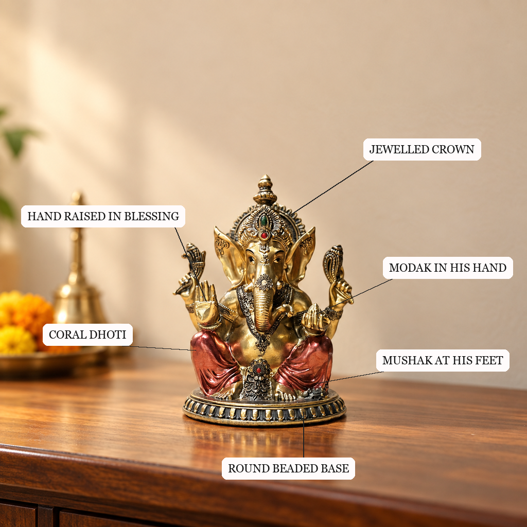 Ganesha Round Base idol crown, modak, dhoti and beaded base detailing | Mapland