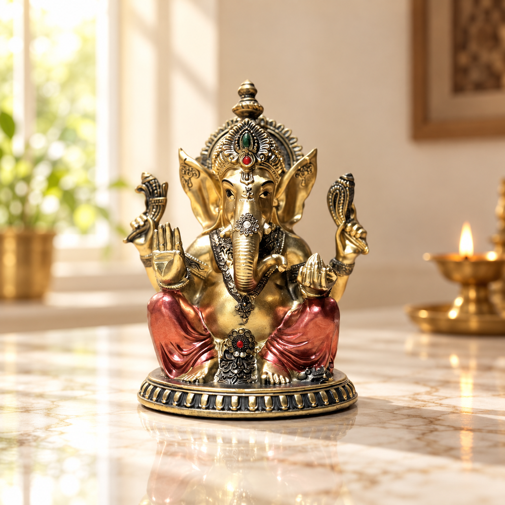 Ganesha sandstone idol Round Base design, antique gold with coral dhoti | Mapland