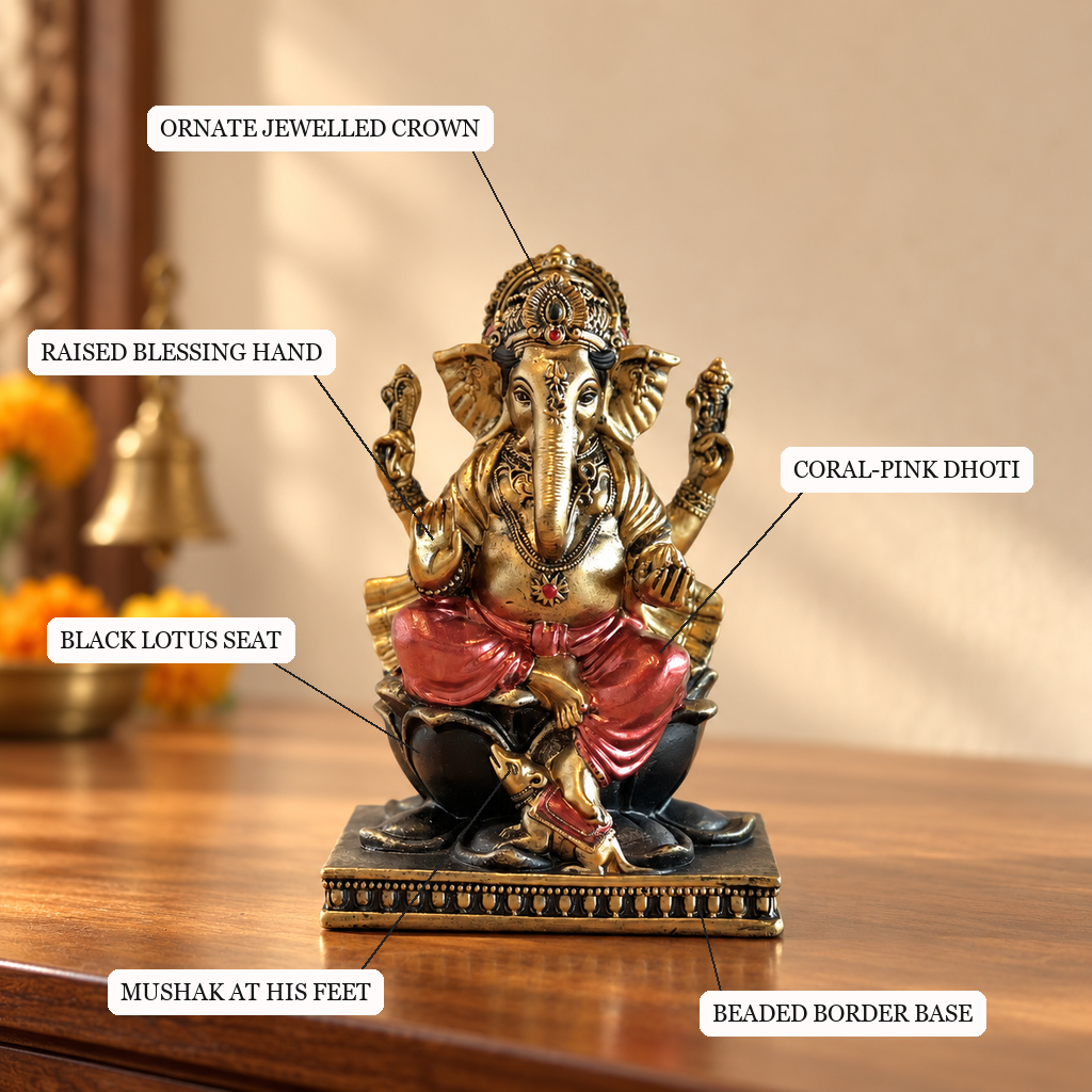 Ganesh on Lotus resin figurine crown, lotus seat and Mushak detailing | Mapland