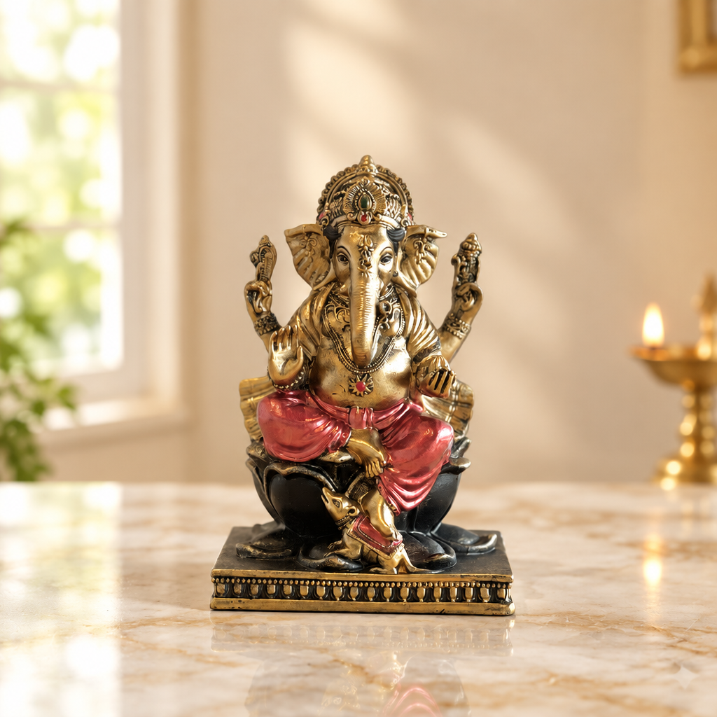 Ganesh on Lotus resin figurine antique gold idol with coral dhoti | Mapland