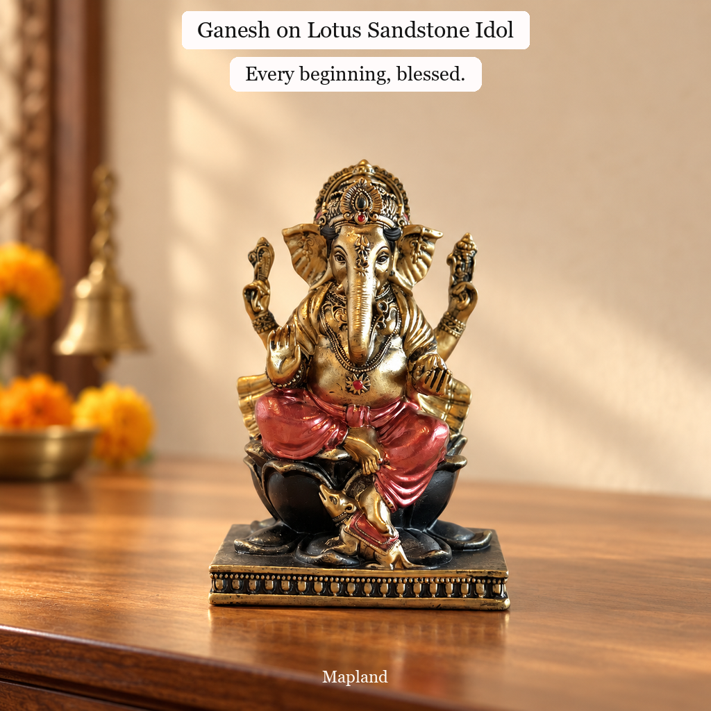 Ganesh on Lotus sandstone idol on a wooden console | Mapland