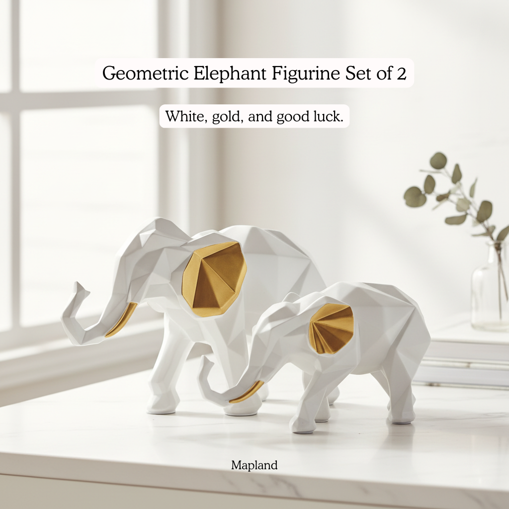 Geometric Elephant Figurine Set of 2 — White & Gold